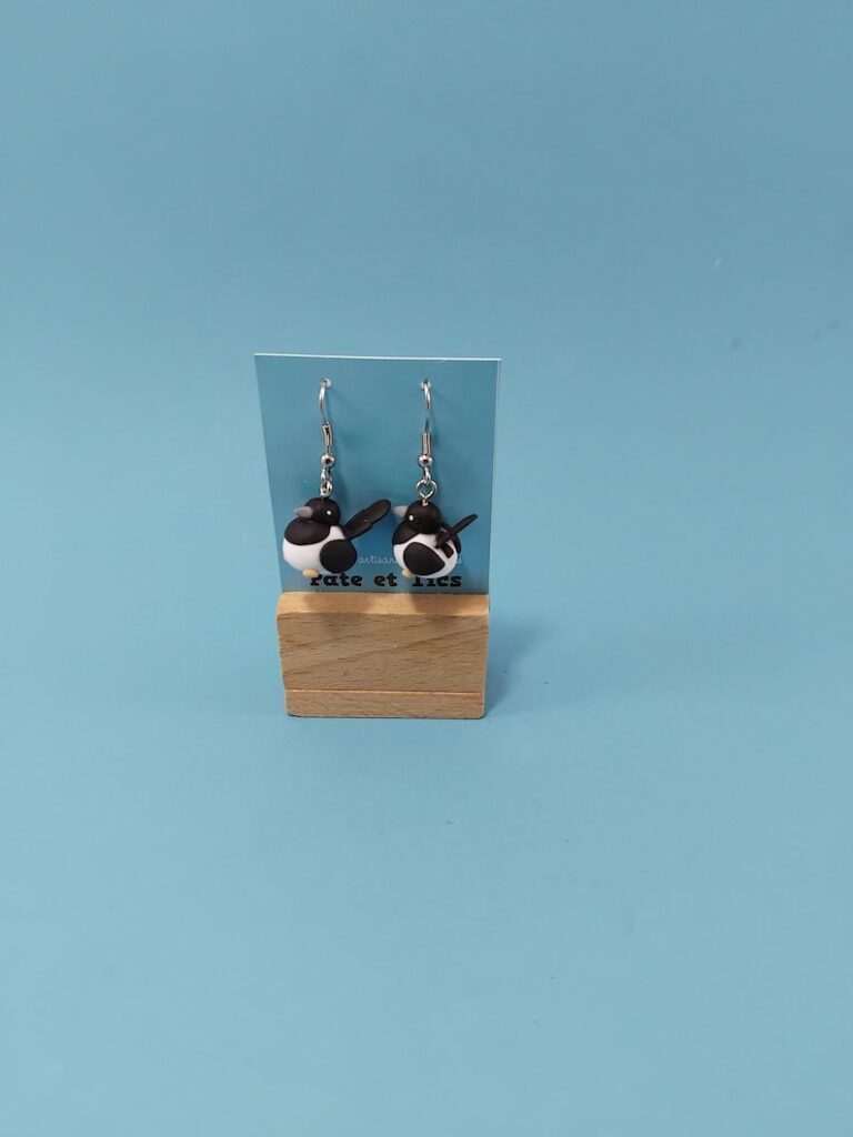 boucles d'oreilles pies en pâte FIMO
